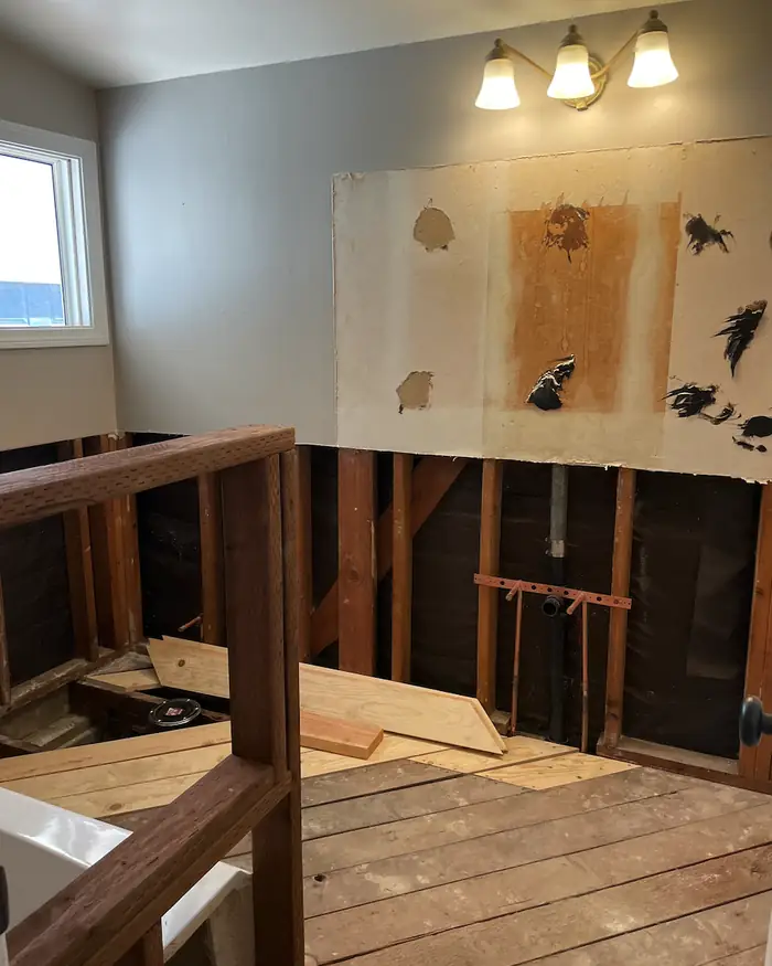 Same bathroom wall opened up to the studs after demolition