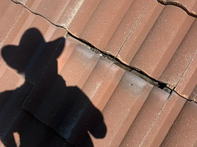 Cracked clay roof tile with a cowboy-hat shadow on it