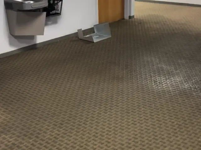 Wet carpet in an office hallway